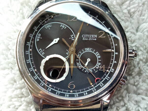 訳あり(ベルト要交換)CITIZEN シチズン ムーンフェイズトリプルカレンダーエコドライブメンズ腕時計 ブラック