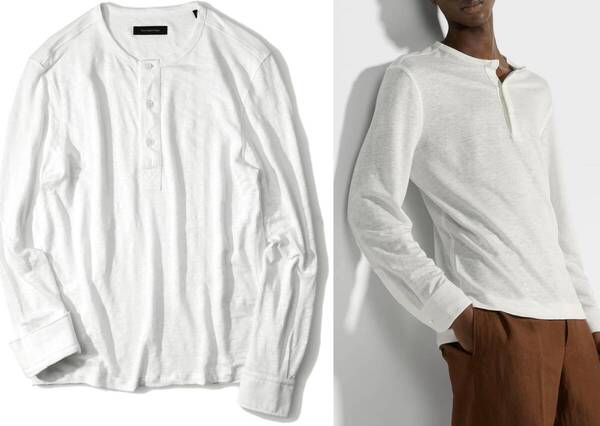 18万【ZEGNA ゼニア 新品】盛夏の最強コンビ!麻100%x清涼ホワイト◇時短でこなれる(袖がまくれる)シャツ袖◇リネンヘンリーネックシャツ