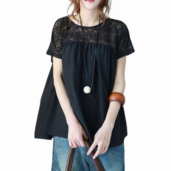 レース トップス ブラック M 花柄 半袖 レディース ゆったり 体型カバー カットソー 着やせ tシャツ 可愛い おしゃれ かわいい