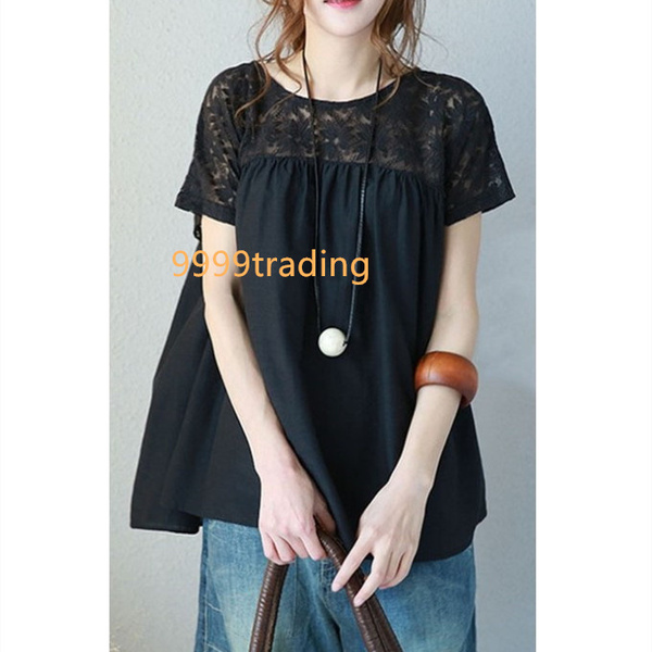 レース トップス ブラック 2XL 花柄 半袖 レディース ゆったり 体型カバー カットソー 着やせ tシャツ 可愛い おしゃれ かわいい
