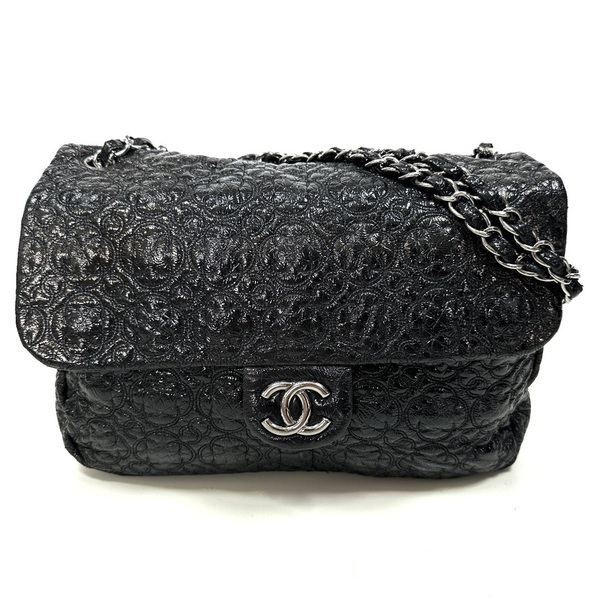 超希少◇CHANEL シャネル カメリア パテントレザー シングルフラップ ダブルチェーンバッグ マトラッセ ココマーク ブラック シルバー