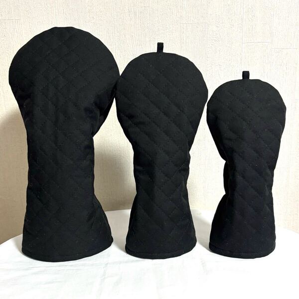 3個セット ヘッドカバー ゴルフ ドライバー フェアウェイウッド ユーティリティ ハンドメイド キルティング 黒 無地