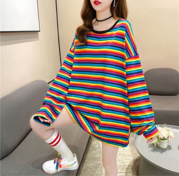 ボーダーロンT レインボー Mサイズ レディース トップス 虹色 韓国 ダンス 薄手 テロテロ素材 長袖 ロングTシャツ