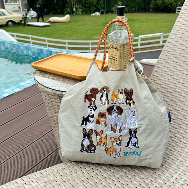 Ball&Chain風 エコバッグ 犬 ベージュ Mサイズ 刺繍 軽量 撥水 折りたたみ可能 コンパクト収納 買い物袋 わんちゃん