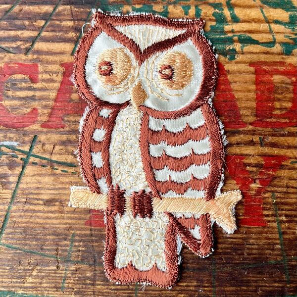 【USA vintage】ワッペン Owl brown フクロウ 刺繍 アメリカ ビンテージ