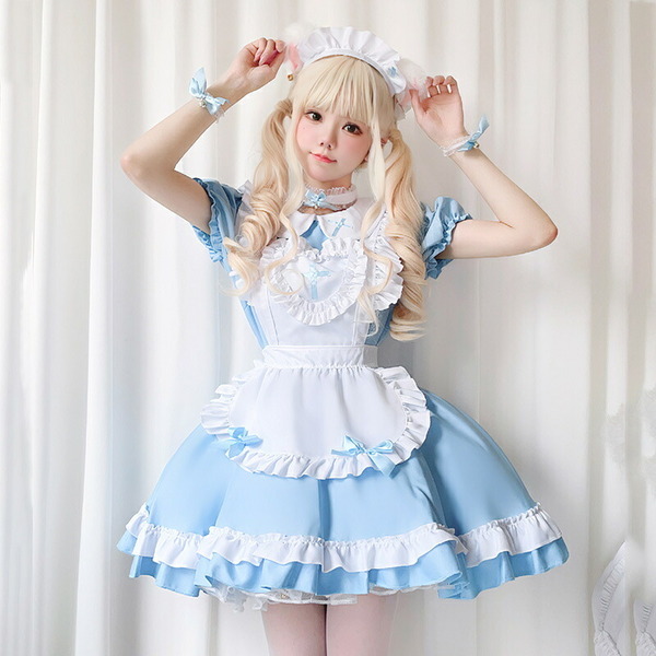 【S・ライトブルー】ロリータ ゆめかわ クラシカル 水色 メイド服 ワンピース カチューシャ チョーカー 白 レース リボン クラシカル