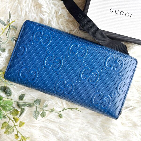GUCCI グッチ GG エンボス 型押し 長財布 ラウンドファスナー ネイビー レザー