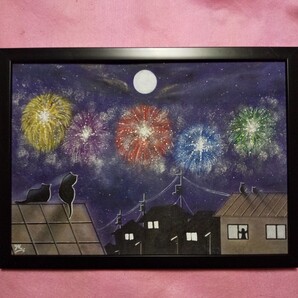 【匿名配送】絵画 「町の花火大会」 A4サイズ額つき