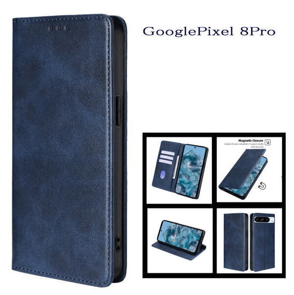 Google Pixel8pro レザー手帳型ケース ブルー