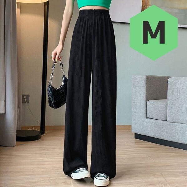 レディース ワイドパンツ 接触冷感 M シンプル カジュアル 大人 ブラック