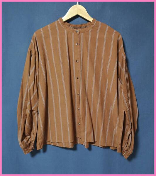 BLS‐213春夏秋☆サンプル品☆送料込☆即決☆ナチュラル系☆綿☆カッターシャツぐらいの生地☆M~L☆ブラウス☆ブラウン系ストライプ