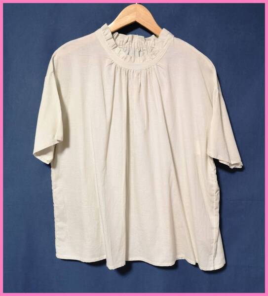 BLS‐353‐4☆夏☆新品☆送料込み☆即決☆ナチュラル系☆レーヨン綿麻混☆M~Lサイズ☆ブラウス☆ライトベージュ☆ゴム☆