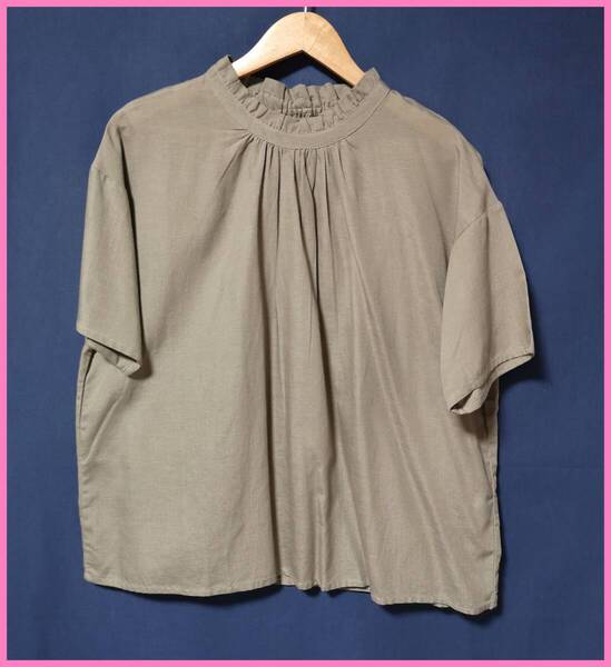 BLS‐353‐5☆夏☆新品☆送料込み☆即決☆ナチュラル系☆レーヨン綿麻混☆M~Lサイズ☆ブラウス☆グリーン系☆ゴム☆ゆったり