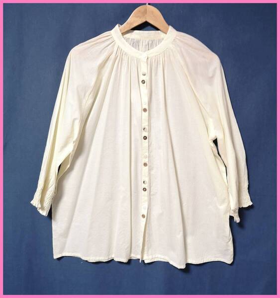 BLS‐342‐4☆春夏秋☆新品☆送料込み☆即決☆ナチュラル系☆薄手のインド綿☆M~L☆ブラウス☆イエローベージュ☆無地☆ゴム