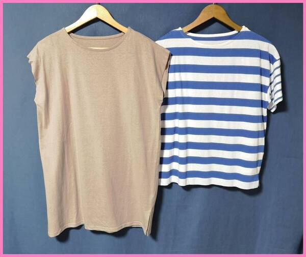 TSET‐630☆夏☆新品☆送料込み☆即決☆ナチュラル系☆Tシャツ素材☆2枚セット☆M~Lサイズ☆Tシャツ☆ベージュと白×青