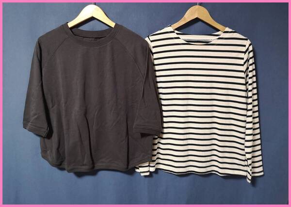 TSET‐638春夏秋☆サンプル品☆送料込み☆即決☆ナチュラル系☆Tシャツ素材☆2枚セット☆M~L☆Tシャツ☆濃いグレー系と白×黒