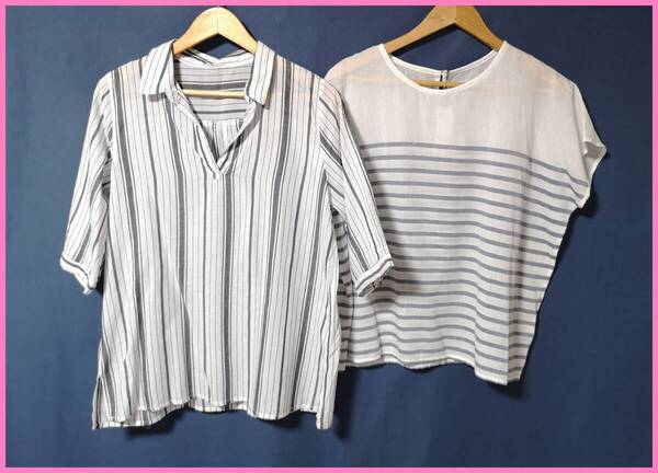 SET‐445☆夏☆新品☆送料込み☆即決☆ナチュラル系☆薄手のインド綿☆2枚セット☆M~L☆ブラウス☆白×濃いグレーと白×グレー
