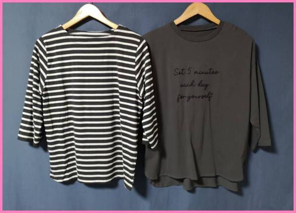 TSET‐643春夏秋☆新品☆送料込み☆即決☆ナチュラル系☆Tシャツ素材☆2枚セット☆M~L☆Tシャツ☆ボーダー柄と濃いグレー