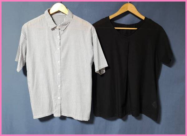 SET‐447☆夏☆新品☆送料込み☆即決☆ナチュラル系☆薄手のインド綿☆2枚セット☆M~Lサイズ☆ブラウス☆白×紺と黒