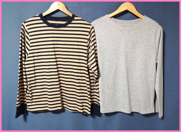 TSET‐636☆春秋☆新品☆送料込み☆即決☆ナチュラル系☆Tシャツ素材☆2枚セット☆M~Lサイズ☆Tシャツ☆紺×ブラウンとグレー