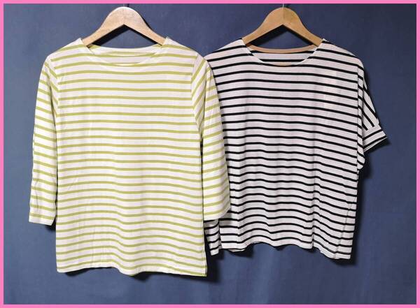 TSET‐648☆春夏秋☆新品☆送料込み☆即決☆ナチュラル系☆Tシャツ素材☆2枚セット☆M~Lサイズ☆Tシャツ☆ボーダー柄