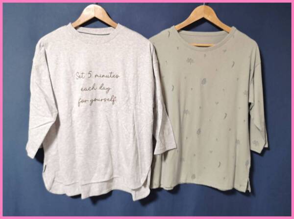 TSET‐634☆春秋☆新品☆送料込み☆即決☆ナチュラル系☆Tシャツ素材☆2枚セット☆M~L☆Tシャツ☆刺繍ロゴ☆植物柄☆七分袖