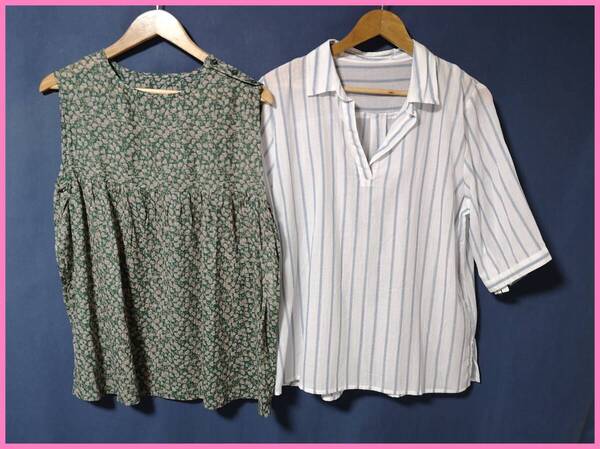 SET‐448夏☆新品☆送料込み☆即決☆ナチュラル系☆薄手のインド綿☆2枚セット☆M~Lサイズ☆ブラウス☆グリーン系と白×ブルー系