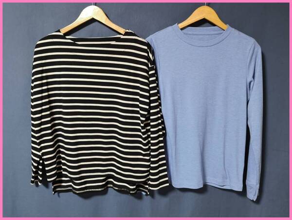 TSET‐635☆春秋☆新品☆送料込み☆即決☆ナチュラル系☆Tシャツ素材☆2枚セット☆M~Lサイズ☆Tシャツ☆ボーダー柄とブルー系