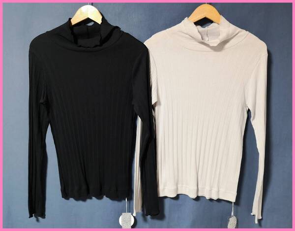 TSET‐640☆夏☆新品☆送料込み☆即決☆ナチュラル系☆リブ編みTシャツ素材☆色違い☆2枚☆M~L☆Tシャツ☆黒とライトベージュ
