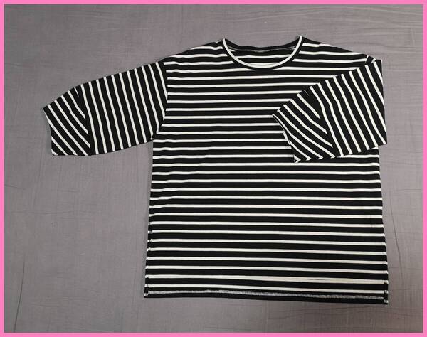 BLS‐369☆春秋☆新品☆送料込み☆即決☆ナチュラル系☆ポリエステル綿☆M~Lサイズ☆Tシャツ☆黒×白☆ボーダー柄