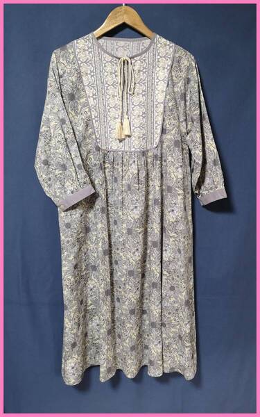 WH‐416‐2☆春秋☆新品☆送料込み☆即決☆ナチュラル系☆薄手のインド綿☆ワンピース☆M~Lサイズ☆グレー系☆植物柄