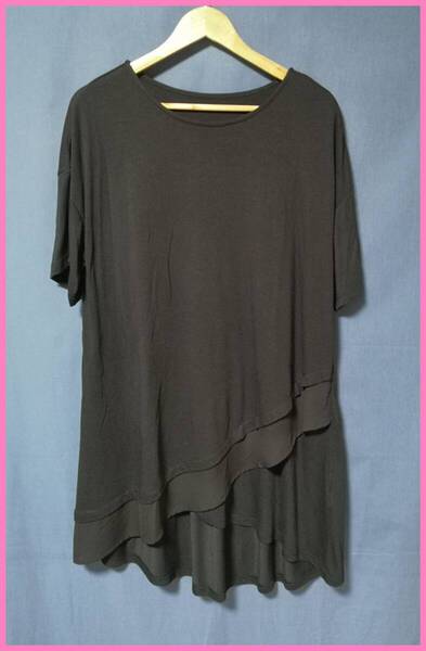 WHT-6‐2☆夏☆新品☆送料込み☆即決☆ナチュラル系☆ポリエステルレーヨン☆Tシャツ素材☆M~Lサイズ☆ワンピース☆黒☆異素材