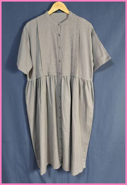 WS‐4☆春夏☆新品☆送料込み☆即決☆ナチュラル系☆綿麻混☆M~Lサイズ☆ワンピース☆グレー☆植物刺繍柄☆ゆったり☆