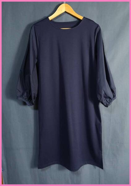 WHT-16☆春夏☆新品☆送料込み☆即決☆ナチュラル系☆異素材☆Tシャツ素材☆M~Lサイズ☆ワンピース☆ネイビー☆ゆったり