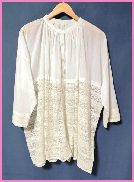 BF‐295‐2☆春夏秋☆新品☆送料込み☆即決☆ナチュラル系☆薄手のインド綿☆M~Lサイズ☆ブラウス☆クリーム色☆高級☆レース☆
