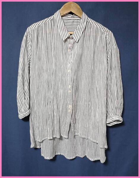 BLS‐343‐2☆春夏秋☆新品☆送料込み☆即決☆ナチュラル系☆薄手のインド綿☆M~Lサイズ☆ブラウス☆白×黒☆ストライプ☆ゴム