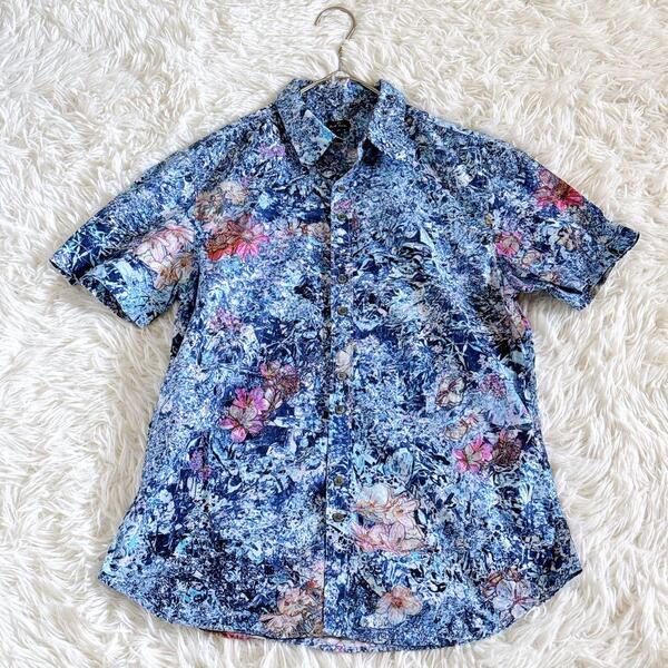 美品 PS Paul Smith ポールスミス 花柄 総柄シャツ 半袖 フラワープリント Mサイズ 青 アート柄 プリントシャツ アロハ風 開襟風