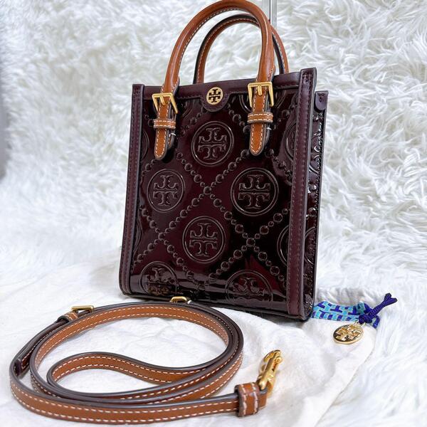 極美品 TORY BURCH トリーバーチ Tモノグラム レザー ミニトート バッグ 2way ハンド モノグラム型押し ボルドー レザー ショルダー