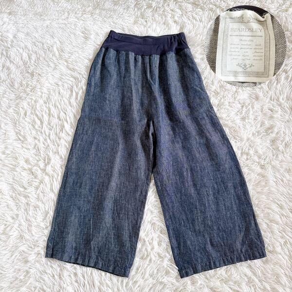 BEARDSLEY ビアズリー リネン ウエストリブ ワイドパンツ Sサイズ インディゴブルー 涼しいパンツ 春夏パンツ イージーパンツ