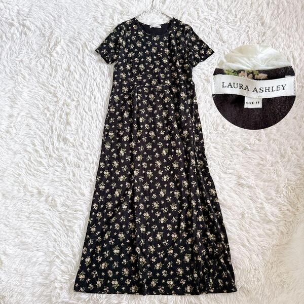 11サイズ LAURA ASHLEY ローラアシュレイ 花柄 Aライン フレア ニットワンピース ブラック 日本製 上品 きれいめ 大人可愛い 美シルエット