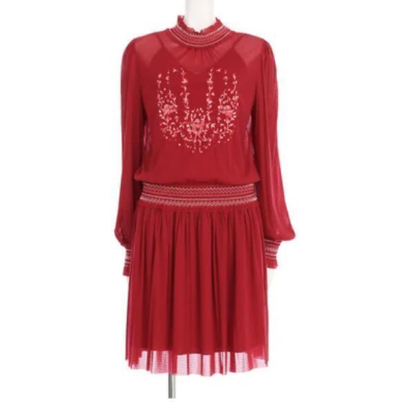美品 VIVIENNE TAM ヴィヴィアンタム 刺繍チュールドッキングドレス ワンピース 赤 レッド シアー フォーマル ミディドレス シースルー
