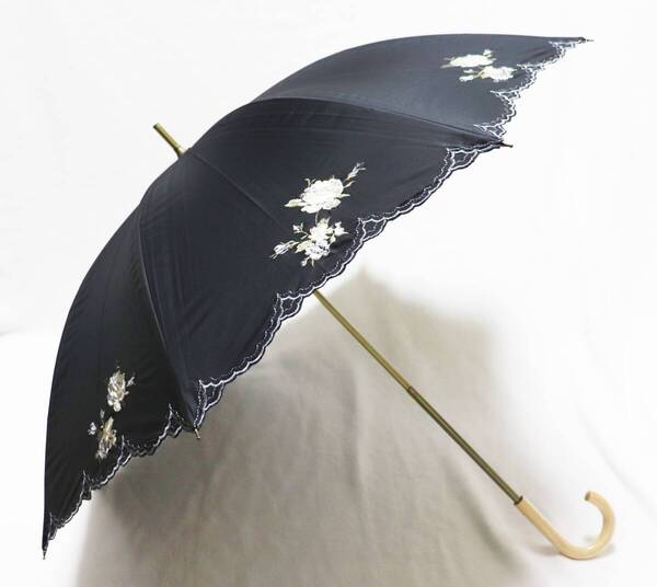 新品 上品 花柄豪華刺繍 晴雨兼用長傘 雨傘 日傘 手元が伸縮 木製ハンドル S2091