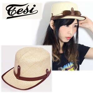 《tesi テシ》新品 定価25,300円 イタリア製 キート サングラスホルダー付パナマキャップ スジイリ 麦わら帽子 ユニセックス 57cm(M)S1683