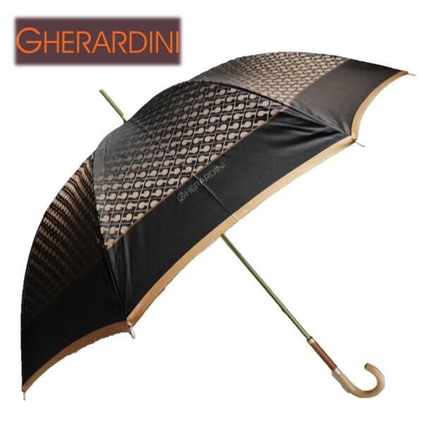 《GHERARDINI ゲラルディーニ》新品 ロゴモノグラム総柄 上品長傘 雨傘 8本骨 指にやさしいはじきカバー S1605