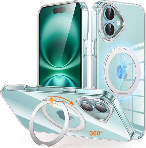 iPhone 16 用 ケース Magsafe対応 ワイヤレス充電 360°回転スタンド 縦横両対応