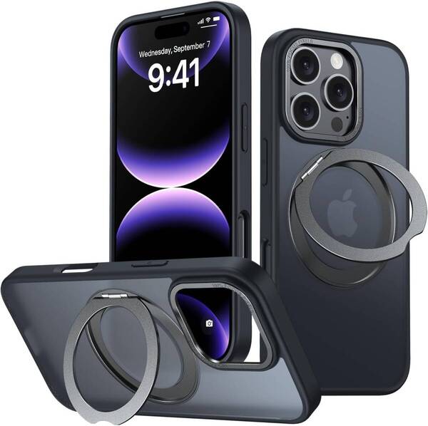 iPhone 16 Pro Max 用 ケース Magsafe対応 ワイヤレス充電 360°回転スタンド 縦横両対応