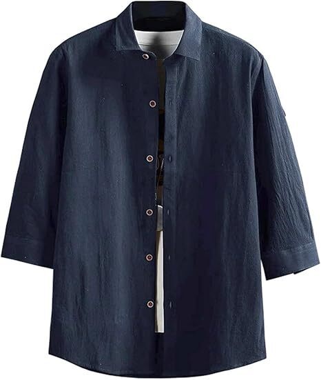 メンズ シャツ 半袖 七分袖 無地 綿麻 シンプル カジュアル M