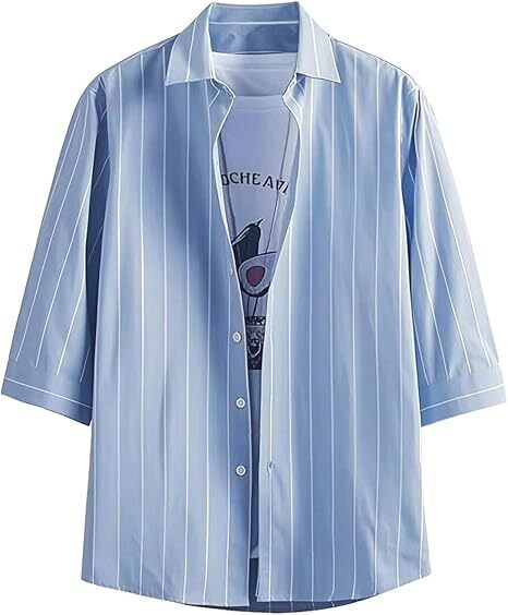 メンズ シャツ 半袖 ストライプ 七分袖 カジュアル XL