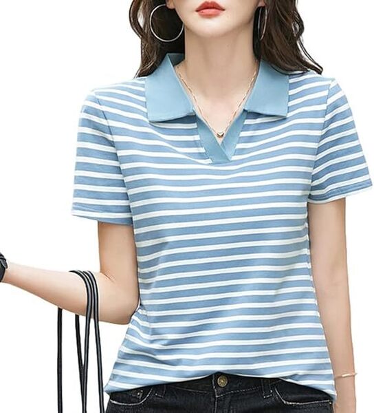 ポロシャツ レディース 半袖 夏 ボーダー 綿 2XL