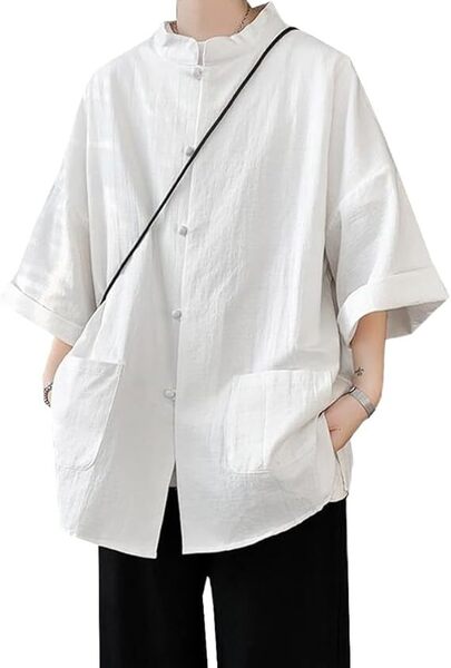 シャツ チャイナ服 メンズ シャツ メンズ 半袖 無地 七分袖 綿麻 XL